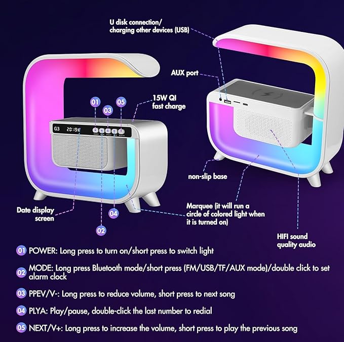 Table Lamp with Hi-Fi Bluetooth Speaker, Bedside LED Lamp with Up to 15W Qi Wireless Charger, Color Changing Mood Lamp with Alarm Clock, Desk Lamp for Bedroom, Nightstand, Home Decor, Gift - g3