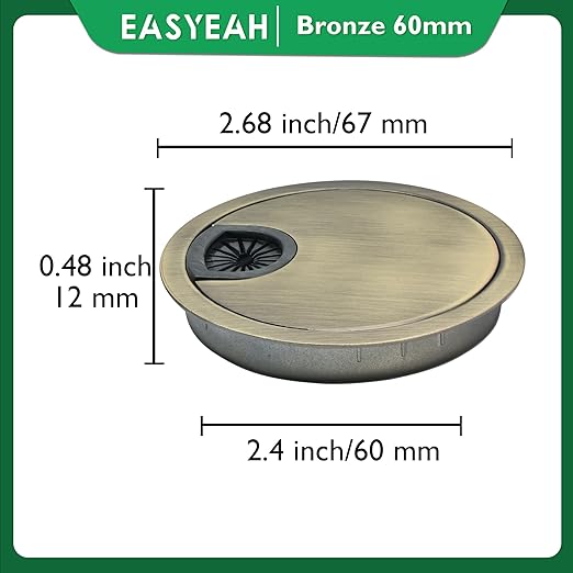 1 Pcs Desk Grommet 2-3/8" / 60 mm, Desk Cord Hole Cover, Cable Grommet Metal Zinc Alloy Materilal, Desk Hole Grommet for Home & Office Pc, Detachable Cable Cord Organizer-Bronze