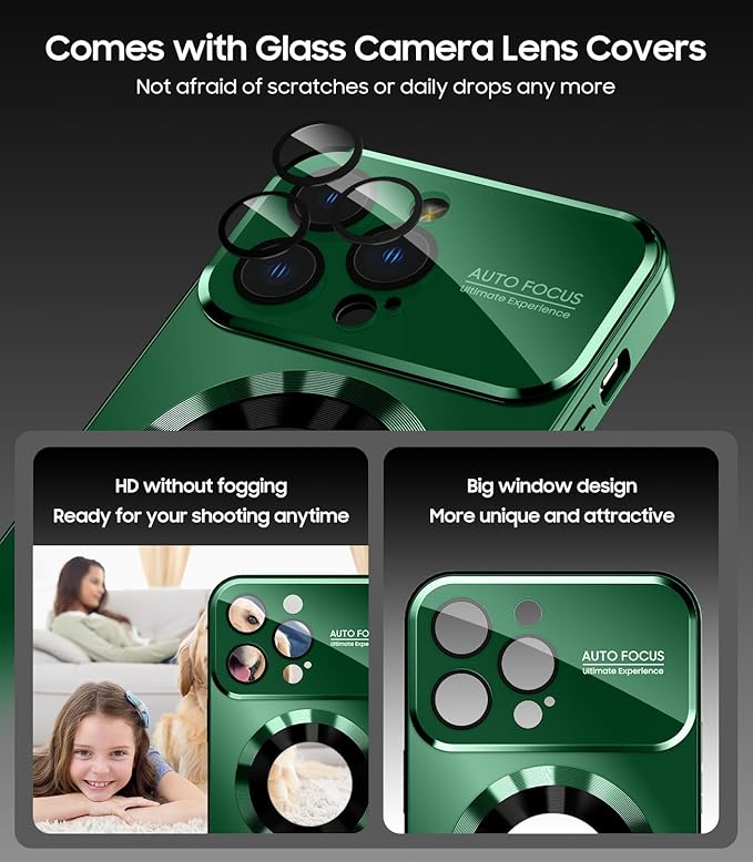 Magnetic for iPhone 13 Pro Case, Built-in Camera Lens Protector, Compatible with MagSafe, Logo View, Military Grade Protective Phone Cover, Dark Green