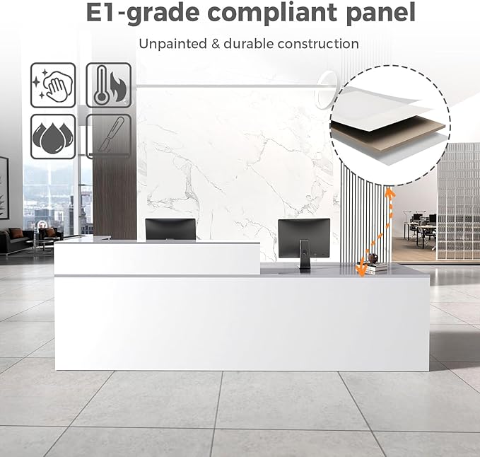 Reception Desk with Counter, Modern Front Desk Reception Counter with Keyboard Tray, Lockable Drawer and Storage Shelves for Office, Retail, Salon (White+Gray/Right, 71" L*24" W*39" H)