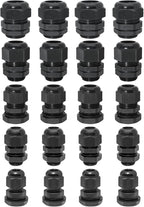 20 Pcs Nylon Cable Gland Kit, IP68 Waterproof Adjustable Cord Grip Cable Connector Strain Relief Wire Protectors, 1/4" 3/8" 1/2" 3/4" 1", Black