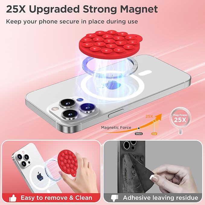 Magnetic Suction Cup Phone Mount for MagSafe Case, Silicone Hands-Free Phone Grip Holder for iPhone and Android, Mirror Shower Phone Stand for Makeup FaceTime Gym Kitchen Bathroom, Red