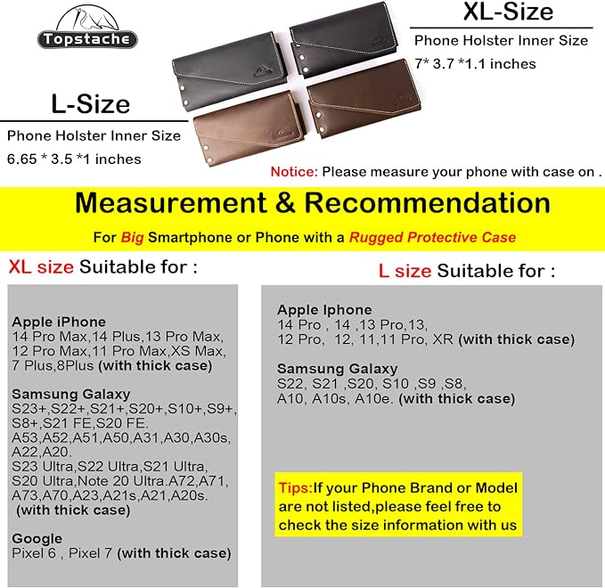 Topstache Leather Phone Holster with Belt Clip for Galaxy S23,iPhone 14,14 Pro,Leather Belt Pouch for Universal Smartphone with Otterbox Case,Flip Cellphone Pouch,L,Darkbrown