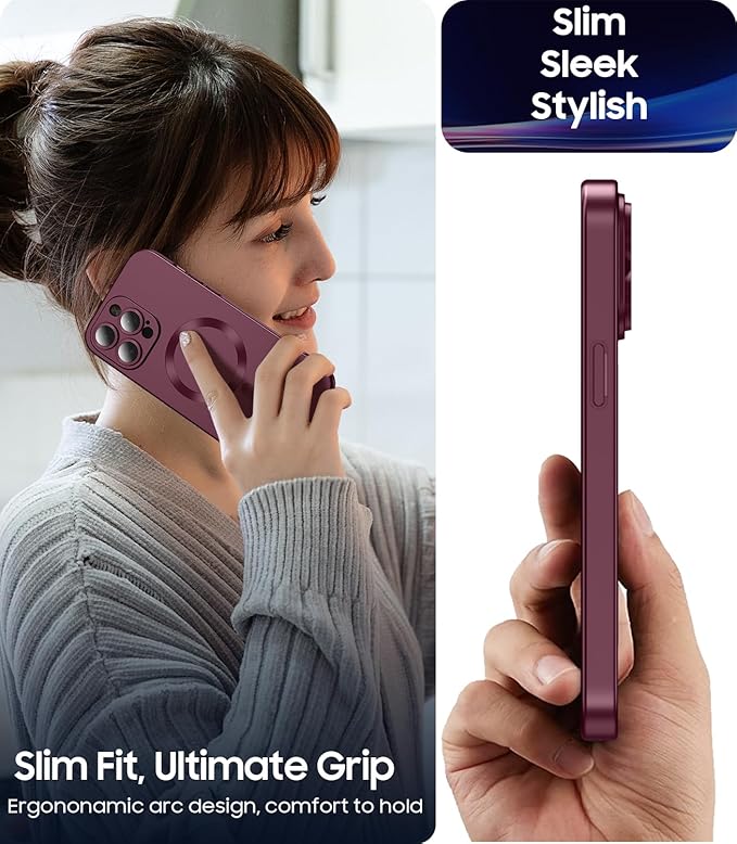 Magnetic for iPhone 15 Pro Max Case [Compatible with MagSafe][Built-in Camera Lens Protector] Slim Soft Silicone Bumper Shockproof Metallic Luster Phone Case (Burgundy)