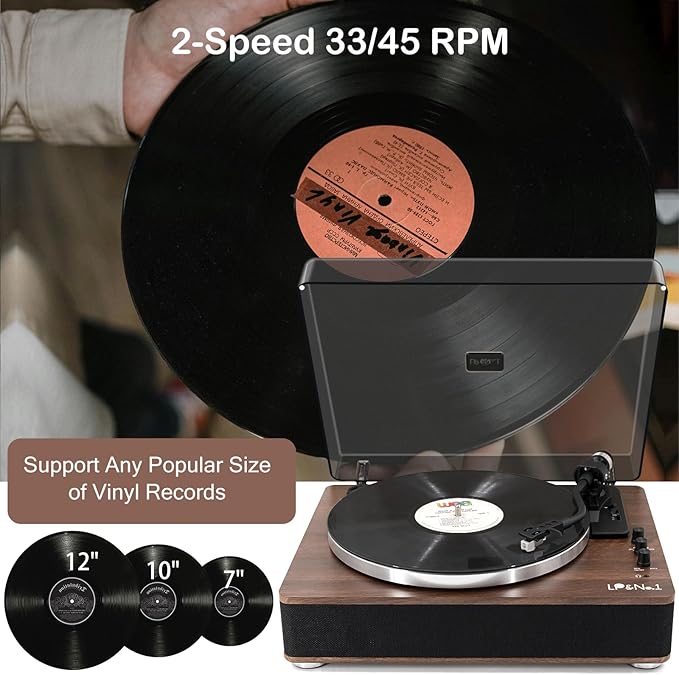 LP&No.1 Vinyl Record Player with Built-in Speakers, Vinyl Turntable with Magnetic Cartridge, Wireless,USB Recording and Playback,BT Out, Aux-in, Headphone Output,Auto Off, AT-3600L, 2-Speed Player
