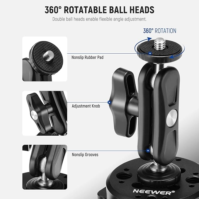 NEEWER 6"/15.2cm Camera Suction Cup Mount with Ball Head Magic Arm, Metal Suction Cup Mount on Car Windshield Dash for Camera/Action Camera/Phone Holder, with 1/4" & 3/8" Mounting Holes for ARRI