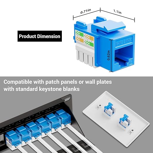 iwillink 10Gbps Cat6 Keystone Jack and Punch-Down Stand, 50-Pack, RJ45 Ethernet Keystone Jacks, 90-Degree UTP Modular Punch Down Keystone Jack Adapter, Blue