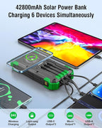 Solar Charger Power Bank, 42800mAh Wireless Portable Charger with USB-C in/Output, QC3.0 Fast Charging 15W 4 Ports Outdoor Battery Pack Built-in Dual Led Flashlights for iPhone Samsung etc