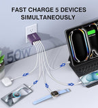 [2Pack] 50W USB C Plug,5-Port Fast Charger Block PD+QC Cube Wall Charging Box Brick for iPhone 16/15/14/13 for Samsung Galaxy S24/S23/S22/S21+/S21 Ultra, Magsafe Wireless Charger,(Purple)