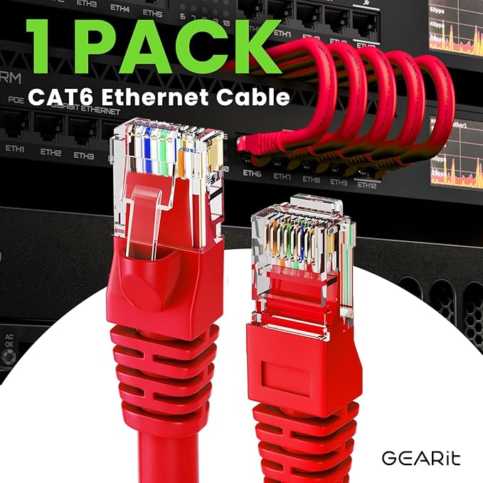GEARit Cat 6 Ethernet Cable (1-Pack 50 Feet) Cat6 Network Patch, 10Gbps, RJ45, Snagless Cord, Gold-Plated Connectors, Internet for PC, TV, Tablet, Router, Printer, Servers, IT Data Center - Red