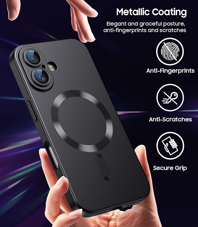 Magnetic for iPhone 16 Case [Compatible with MagSafe][Built-in Camera Lens Protector] Slim Soft Silicone Bumper Shockproof Metallic Luster Phone Case (Black)