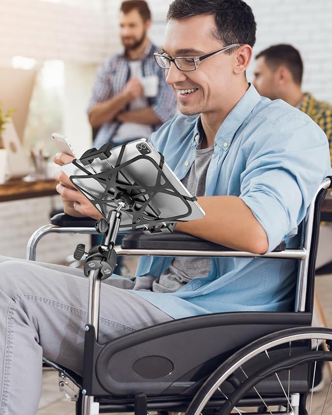 Metal iPad Tablet Mount for Boat Helm, Wheelchair Pole, Golf Cart, Stroller, Mic Stand, Fitness Bike, Road Mountain Bicycle - 360° Adjustable Handlebar Clamp for 4.7-13" iPad Pro, Air, Mini, Galaxy