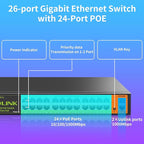 24 Port Full Gigabit PoE+ Switch, 2 Gigabit Network Uplink, 400W, Unmanaged, Fanless Silent Operation, 802.3af/at, 19''Rackmount, Qos, Suitable for POE Camera, AP, PC
