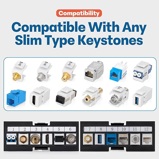 Everest 24 Port Keystone Patch Panel (4-Pack) - Removable 6-Port Panels - Use with Slim Profile Keystones ONLY (Wider Jacks May not fit Side by Side) - 8 Blank Keystone Jack Inserts Included