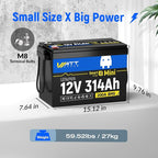 12V 314Ah Mini LiFePO4 Lithium Battery with Bluetooth 5.0, 200A BMS, 4.01kWh Energy, Upgraded Aluminum Cooling Fins & Braided Copper Wires, for RV, Marine, 300ah + LiFePO4 Battery