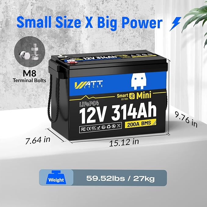 12V 314Ah Mini LiFePO4 Lithium Battery with Bluetooth 5.0, 200A BMS, 4.01kWh Energy, Upgraded Aluminum Cooling Fins & Braided Copper Wires, for RV, Marine, 300ah + LiFePO4 Battery
