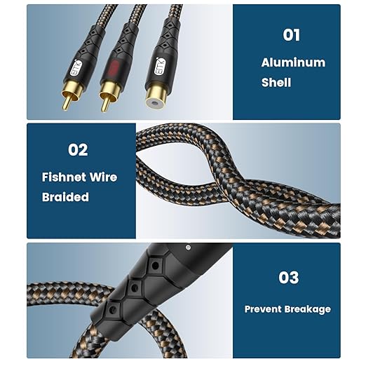EMK RCA Splitter 2 Male to Female Extension Cable Dual Shielding Gold Plated Nylon Braided RCA Splitter 1 Female to 2 Male Cord Adapter Black/1ft/30CM