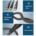 EMK RCA Splitter 2 Male to Female Extension Cable Dual Shielding Gold Plated Nylon Braided RCA Splitter 1 Female to 2 Male Cord Adapter Black/1ft/30CM