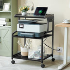 Lauren&Harold 34'' Printer Stand with Power Outlets & USB Ports, 3-Tier Adjustable Rolling Cart, Heavy Duty 150LBS Storage Table with Wheels for Office, Kitchen, Living Room, Black