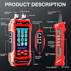10 in 1 Network Cable Tester with 7 Wavelengths OPM 10Km/10mW VFL 600M Measurable Length 100 Records Tool Kit for CAT5 CAT6 Telephone Ethernet RJ11 RJ45 PoE Wire Tracer NCV, Red
