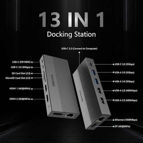 13-in-1 USB C Docking Station: Triple 4K Display, 100W Power Delivery, 5Gbps Data Ports, SD/MicroSD Slot - for Dell XPS, HP Laptops & ThinkPad