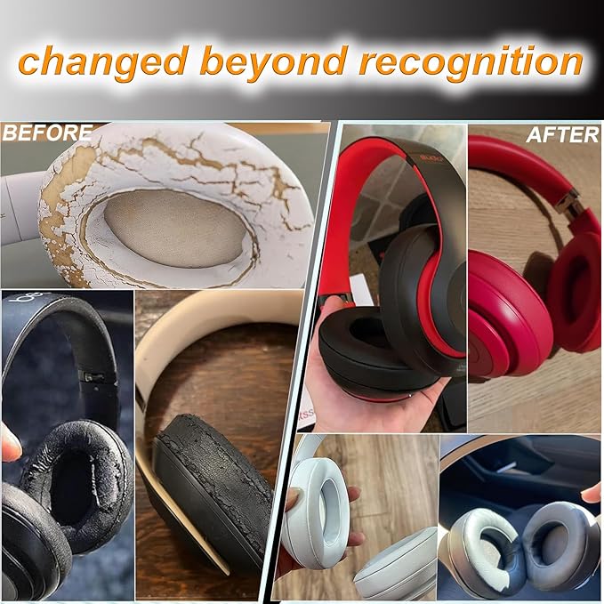 Replacement Ear Pads Cushions for Beats Studio（B0501、B0500），Beats Studio 2 & Studio 3 Wired & Wireless Headphones, Earpads with Soft Protein Leather, Noise Isolation Memory Foam - Grey (Black)