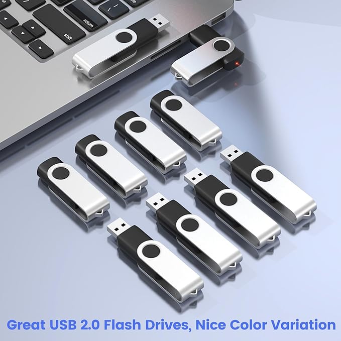 ABLAZE 16GB Flash Drive 10 Pack, USB 2.0 Memory Stick with Lanyards Swivel Thumb Drives Bulk 16GB Pendrive U Disk for Data Storage (Black)