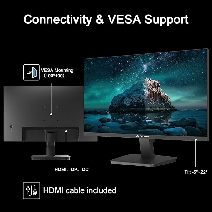 SANSUI 27 Inch Computer Monitor 120Hz, FHD 1080P Monitor, HDMI DP Ports FreeSync, HDR 110% sRGB, Tilt Adjustable Frameless VESA Compatible for Office and Home (ES-27F2, HDMI Cable Included)