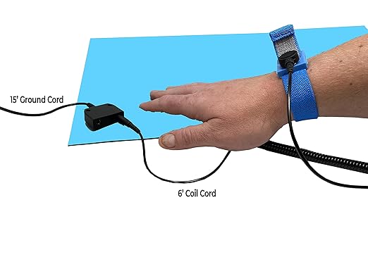 RubberStat Dual Layer ESD Compliant Workstation Rubber Table Mat Kit, Soldering, Cell Phone Repair, with Wrist Strap Set and Ground Cord - 24"x30" Blue