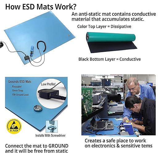 RubberStat Dual Layer ESD Compliant Workstation Rubber Table Mat Kit, Soldering, Cell Phone Repair, with Wrist Strap Set and Ground Cord - 24"x72" Blue