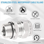 NPT 1/2" Stainless Steel Waterproof Cable Gland IP68 Waterproof Cable Gland Adjustable 6-12mm Cable Gland Protectors - 2 Pcs