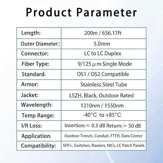 200M/656FT LC to LC Armored Outdoor Fiber Optic Cable, Single Mode Duplex 9/125μm SMF Fiber Patch Cord, OS1/OS2 Compatible, Black LSZH Jacket, Uniboot Jumper for FTTH, Data Center, Long-Distance Use
