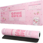 Pink Gaming Mouse Pad 31.5x11.8 Inch Pastel Game Over Large Mousepad Kawaii Office Decor for Women Non-Slip Rubber Base Stitched Edges Keyboard Mouse Mat Desk Pad for Office Home and Game