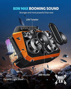 Portable Bluetooth Speaker Wireless - Loud Speakers 80W Peak, 20H Playtime, Light Show, TWS, Deep Bass, BT 5.3, IPX6 Waterproof for Outdoor Travel Camping Beach Pool - Orange