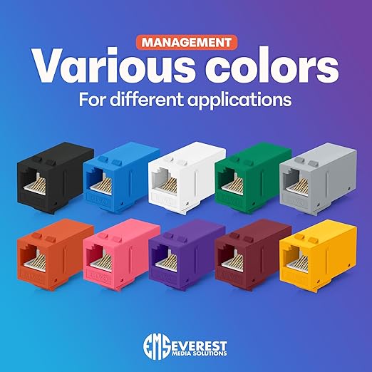 Everest Cat6 RJ45 Keystone Coupler (12-Pack) in Black - RJ45 Coupler - Cat 6 Couplers - Female to Female Cat6 Keystone Jacks - Ethernet Couplers - Ethernet Cable Extender