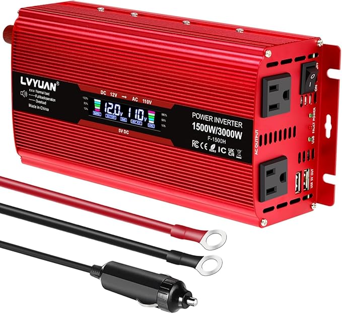 LVYUAN 1500W Car Power Inverter 12V to 110V DC to AC with 2 US Sockets, Cigarette Lighter, LCD Display, USB Ports for Car, Home, Truck, Outdoor, Camping