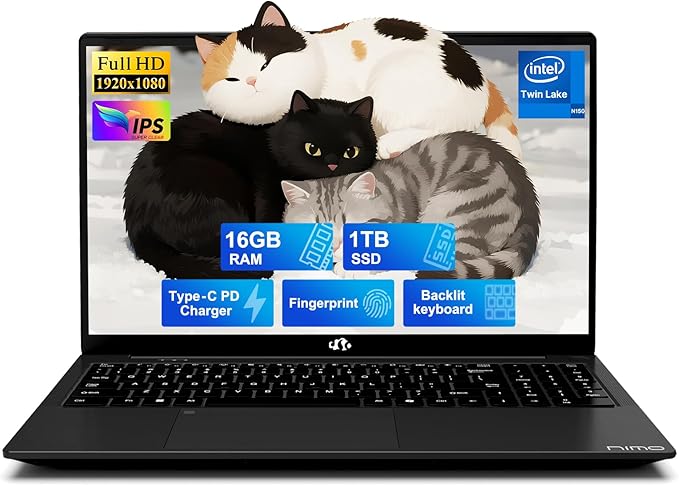 NIMO 15.6" FHD IPS Laptop, Intel N150 (Up to 3.6GHz, Beat i3-10110U), 16GB RAM 1TB SSD, Backlit Keyboard Fingerprint, Wi-Fi 6 BT5.2 Type-C 65W Computer for Students and Home Office