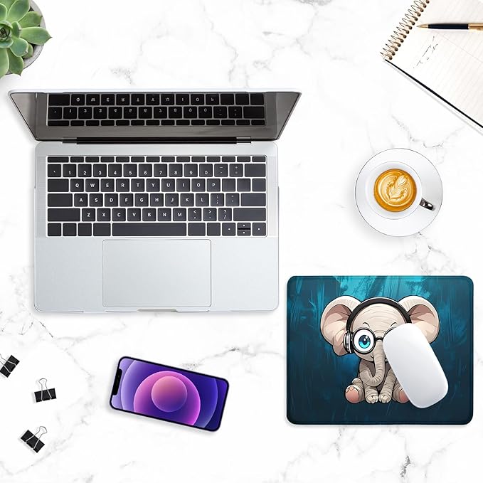 ITNRSIIET Mouse Pad with Stitched Edge Premium Textured Smooth Precise Operation Waterproof Washable Non-Slip Rubber Base Desktop Protection Mat, 10.2×8.3×0.12 inches, Pretty Elephant