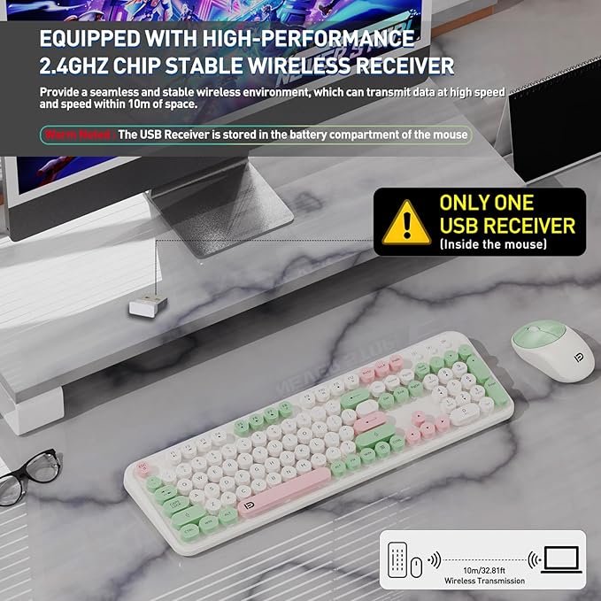 Wireless Keyboard and Mouse Set, 105 Keys Full-Size Cute Colorful Keyboard and Mouse with Retro Typewriter for PC/Mac/Laptop/Tablet/Computer/Windows Green