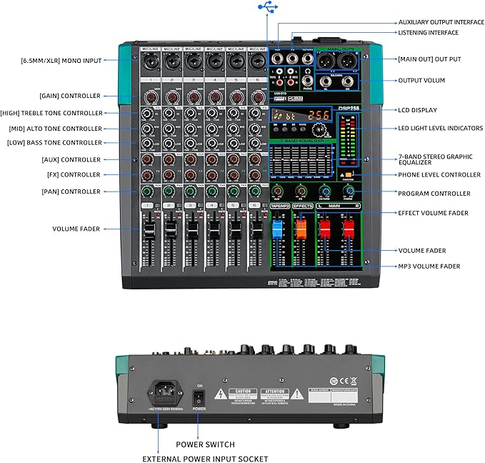 Depusheng PA6 professional DJ audio mixer 6 channel input built-in 256 kinds of DPS effects support 48V phantom power USB Bluetooth MP3 computer recording