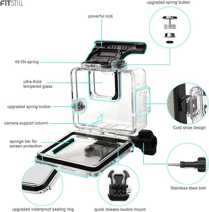 FitStill 196FT/60M Underwater Waterproof Diving Housing Compatible for Go Pro Hero 4K,Protective Dive Case Shell with Mount Hero4K 2024 Action Camera Accessories Kit