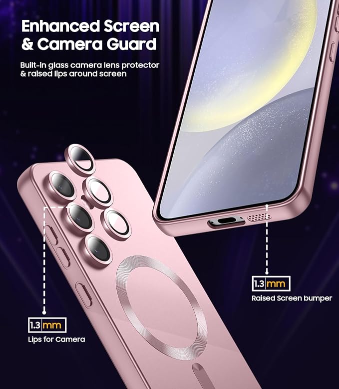 Magnetic for Samsung Galaxy S24 Plus Case [Compatible with MagSafe][Built-in Camera Lens Protector] Slim Soft Silicone Bumper Shockproof Metallic Luster Phone Case (Rose Gold)