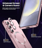 Magnetic for Samsung Galaxy S24 Case [Compatible with MagSafe][Built-in Camera Lens Protector] Slim Soft Silicone Bumper Shockproof Metallic Luster Phone Case (Rose Gold)