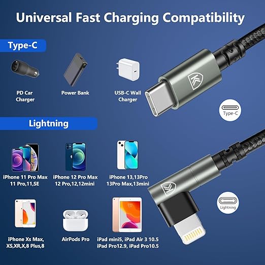 90 Degree USB C to Lightning 10FT, iPhone Charger [Apple MFi Certified] 3Pack Fast Charging Cables Cord,10 Foot Right Angle Nylon Braided USB C Lightning Cable for iPhone 14/13/12/11/Pro Max/Plus/8/7