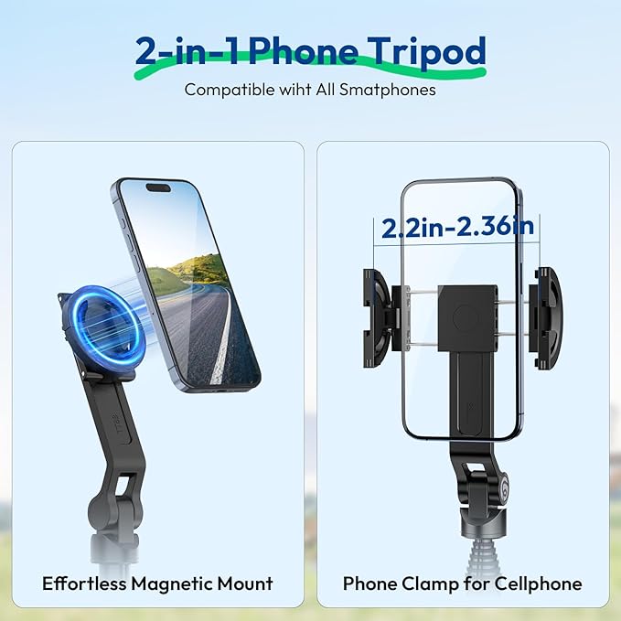 ULANZI TT88 Magnetic Tripod for iPhone, 57" Extendable Selfie Stick with Remote, 2-in-1 Phone Clip & Dual Cold Shoe Mounts - Lightweight Phone Tripod Stand for Vlogging, Travel, Video Recording, Black