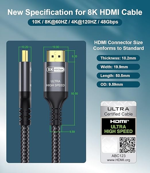 Certified 10K 8K HDMI 2.1 Cable 3.3 FT, 48Gbps Ultra High Speed HDMI Cable with Ethernet 4K 240Hz 165Hz 144Hz 120Hz 8K60Hz eARC HDCP2.3 HDR10+ PC Laptop TV Monitor Projector