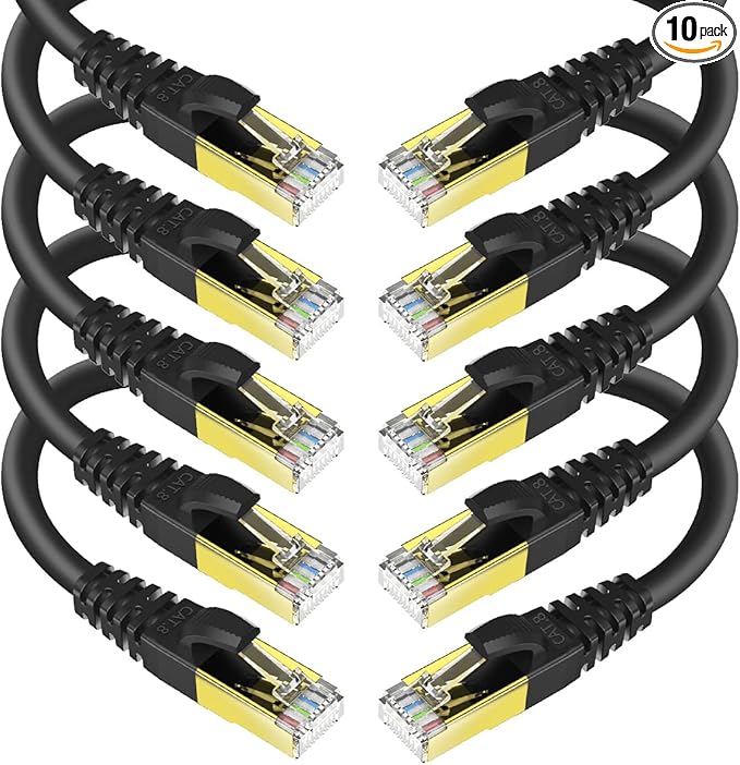 KASIMO CAT 8 Ethernet Cable 5 Feet, 10 Pack Black Shielded SFTP Internet Network Patch Cord, Heavy Duty High Speed LAN Cables w Gold Plated RJ45 Connector Professional for Router, Modem, Gaming