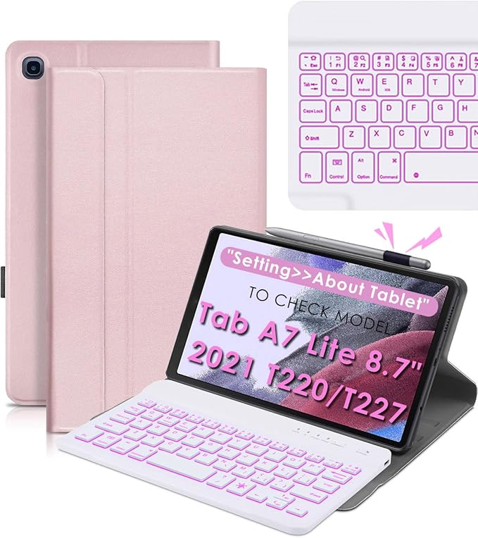 DETUOSI Backlit Keyboard Case for Samsung Galaxy Tab A7 Lite 8.7" 2021 (SM-T220/T227U) with S Pen Holder, 3 Viewing Angles Folio Leather Book Cover with Magnetic Closure + Wireless Keyboard Detachable