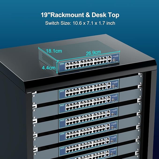 24 Port Gigabit PoE Switch Unmanaged, YuanLey 27-Port Gigabit PoE with 2 Uplink & 1 SFP, Rackmout, Build in 400W Power, Support 802.3af/at, Plug and Play, One-Key VLAN, Metal Case