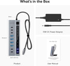 Powered USB C Hub, PULWTOP 9-in-1 USB-Hub suppprt 10Gbps & PD 45W Max Charging(Not Support Video), USB Powered Hub with 3 USB-C, 4 USB-A for Laptop, MacBook, iPad and More (72W Adapter Included)